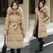 Women's Long Hooded Down Coat With Belt, Thickened Warm Winter Jacket, Fashionable Loose Fit Overcoat With Faux Fur Trim_desvips.com