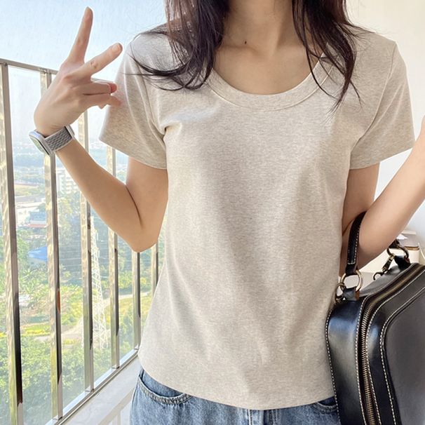 RenMou Classic Basic U-neck Gray Versatile Short T-shirt For Women, American Slim Fit And Slimming Half Sleeved Top, Low Neck Exclusive Supply_desvips.com