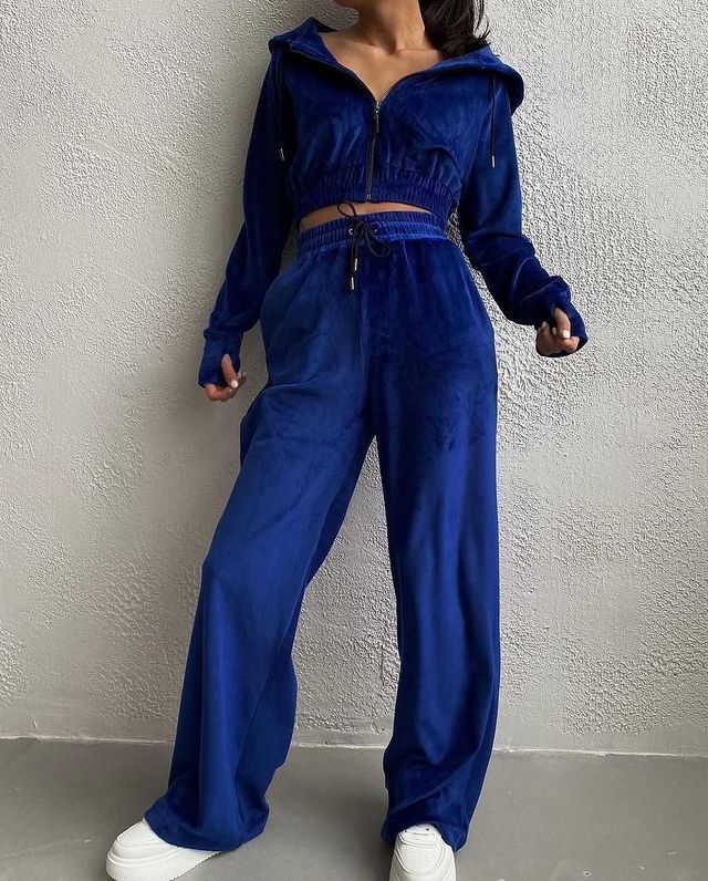 Women's Clothing Suit Solid Color Long Sleeve Zipper Hoodie Lace up Pants Two piece Set_desvips.com