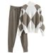 Women's Clothing Casual knitted plaid sweater two-piece set_desvips.com