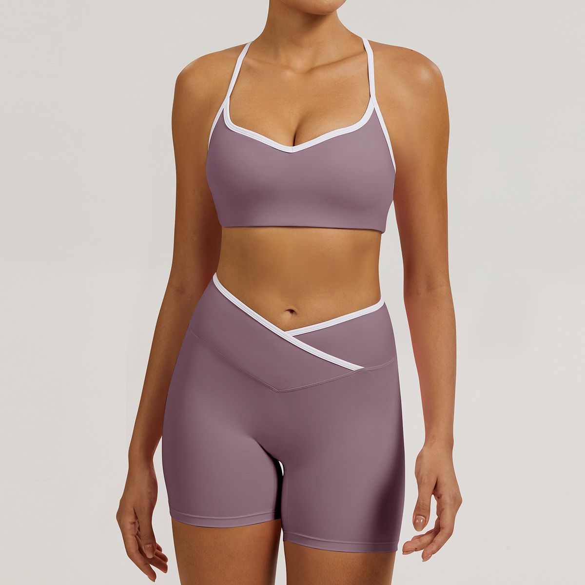 Women's Tight Fitting Yoga Set Cross Waist Sportswear Color Blocking Beautiful Back Design Running Fitness Wear In Nude_desvips.com