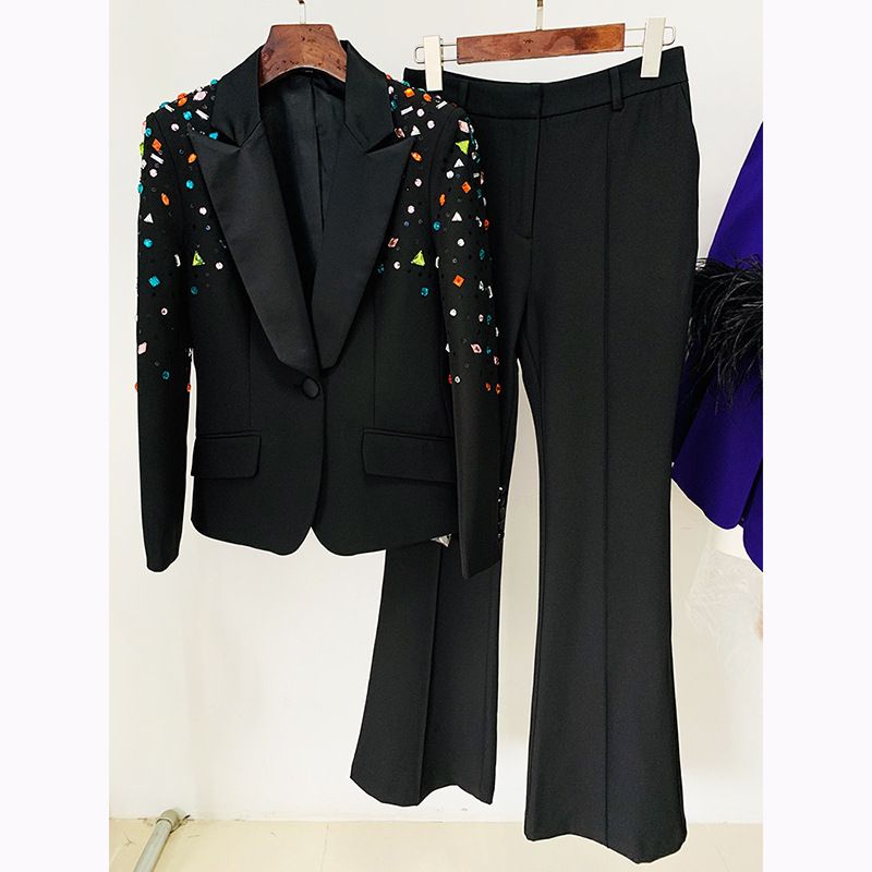 Women's Clothing fashion new heavy duty nail beads diamond slim fit suit jacket flared trousers suit two pieces_desvips.com