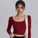 2025 Style Yoga Shirt With Chest Pads, Beautiful Back Design, New Year Red Square Neck Slimming Top, Pilates Running_desvips.com