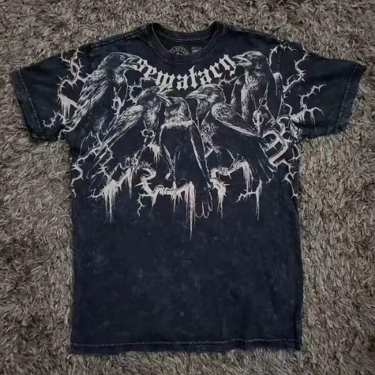 2025 New Short Sleeve Crow Print Vintage T-Shirt Versatile Trendy Crew Neck Top_desvips.com