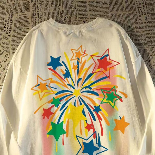 100% American Star Fireworks Pure Cotton Long Sleeve T-Shirt Men And Women, Loose Fit, Trendy Brand, Hong Kong Style_desvips.com