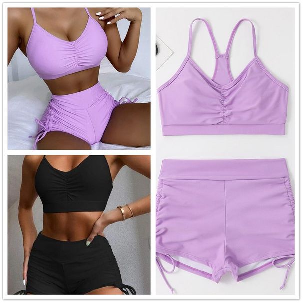 New Two-Piece High Waist Solid Color Gathered Slimming Drawstring Multi-Color Swimsuit Women's Swimwear_desvips.com