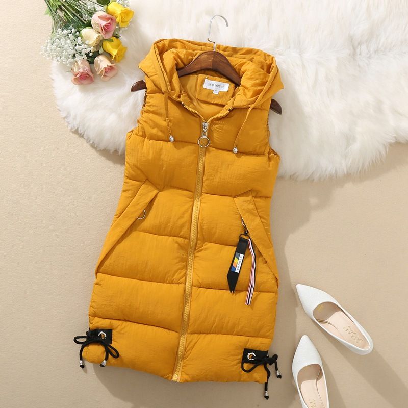 Down padded waistcoat for women autumn-winter sleeveless vest mid-length hooded vest_desvips.com