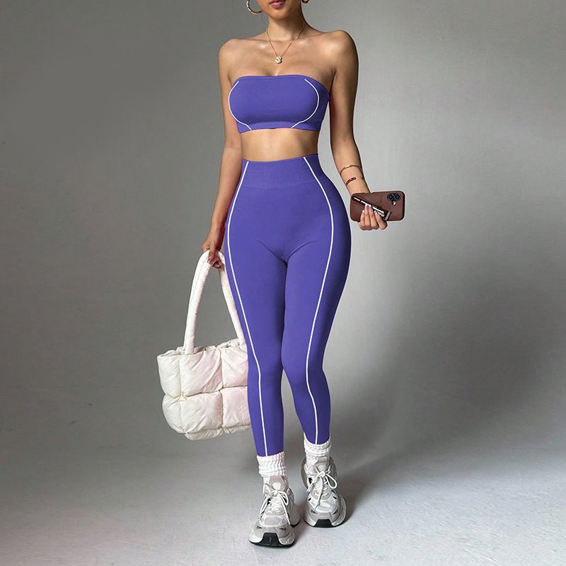 Women's Yoga Outfit Set Color Blocked Tube Top Peach Shaped Hip Slim Fit Trousers Fitness Sportswear Popular_desvips.com
