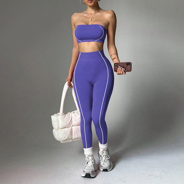 Women's Yoga Outfit Set Color Blocked Tube Top Peach Shaped Hip Slim Fit Trousers Fitness Sportswear Popular_desvips.com