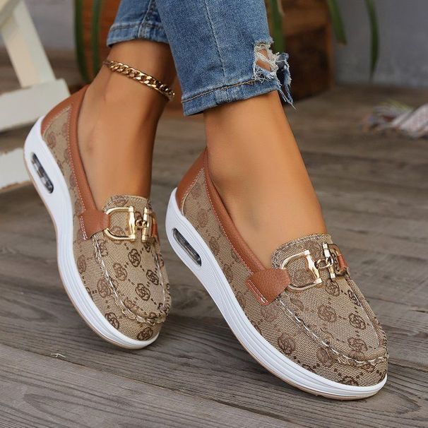 Women's Casual Brown Monogram Pattern Loafers With Metal Buckle And Air Cushion Minimalist Sole For All Day Comfort_desvips.com