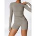 Set Women's Solid Tracksuit Set, Long Sleeve Round Neck Sports Tee & High Waist Skinny Shorts,Minimalistic Fall Outfit, 90s Clothes Leisure Wear Top_desvips.com