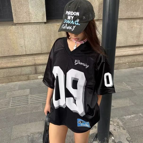 American Style Sorts Short T-Shirt For Women Summer Color Block Number Jersey Design V-Neck Mesh Hi-Ho Half Sleeve_desvips.com