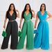 Women's Clothing sleeveless temperament casual V neck waist pleated loose wide leg jumpsuit_desvips.com