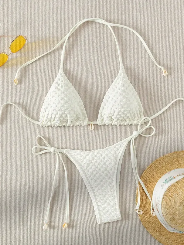 Sexy Bikini Set Shell Designer Swimsuit 2025 White Black Push Up Micro Bikinis Summer Bathing Suit Tie Side Triangle_desvips.com