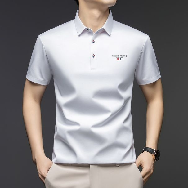 Men's Smooth Slim-Fit Polo Shirt, Breathable Short Sleeve Casual Top With Logo Print, Comfortable For Business, Daily & Smart Casual Wear Polo Homme_desvips.com