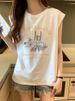 White Sports Vest For Women With Cartoon Print, Loose Design, Niche Sweet Cool Mid-Length Sleeveless T-Shirt Top Chic_desvips.com
