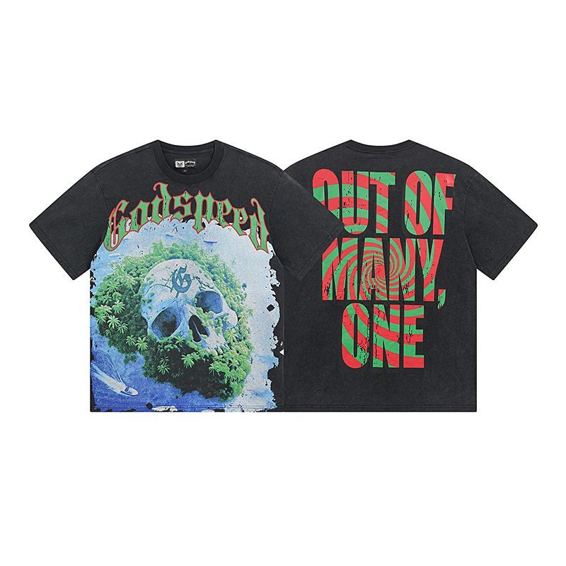 High Street Trendy Brand Heavy-Duty Washed Distressed Skull Letter Print_desvips.com