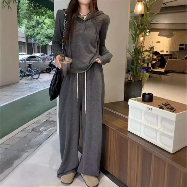 European Style Casual Sports Women's Autumn New Fashionable Hooded Sweatshirt Wide-Leg Pants Two-Piece Set Trendy_desvips.com