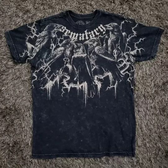 New Fashion Brand Affliction Crow Skull Print T-Shirt Gothic High Street Short Sleeve Top_desvips.com