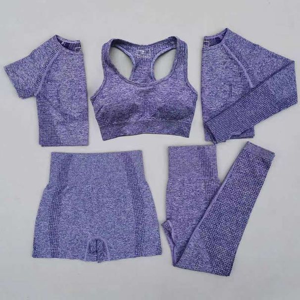 High Waisted Fitness Pants Hip Lifting High Elasticity Seamless Yoga Wear Five Piece Set For Running Workout_desvips.com