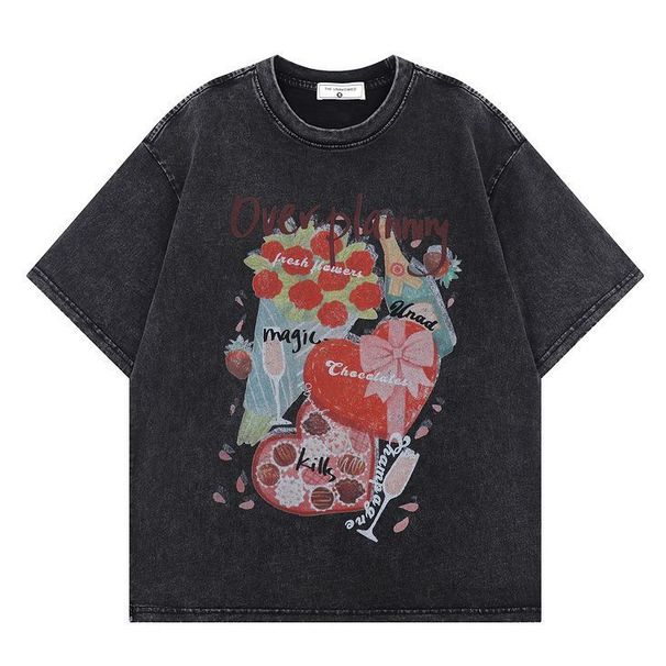 Dark Style Heavy Washed Vintage Fun Print Unisex Lazy Round Neck Short Sleeve Couple T Shirt Trendy_desvips.com