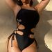 Women's one-piece bikini bikini solid color hollow strap one-piece swimsuit _desvips.com