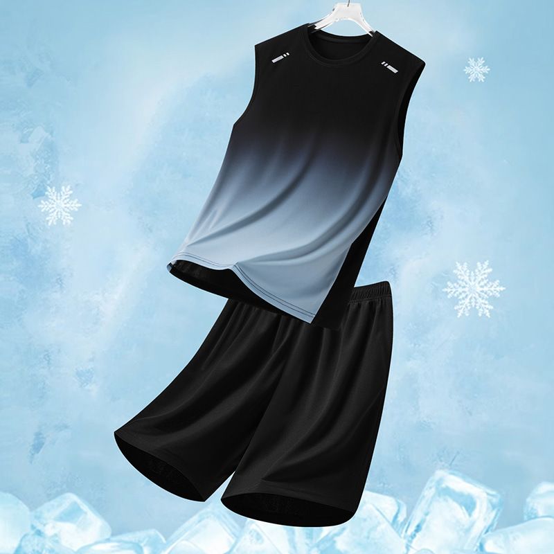 Sports Suit Men Summer Men's Leisure Suit Printed Gradient Loose Two Piece Suit Breathable Quick Drying Vest Shorts Men_desvips.com