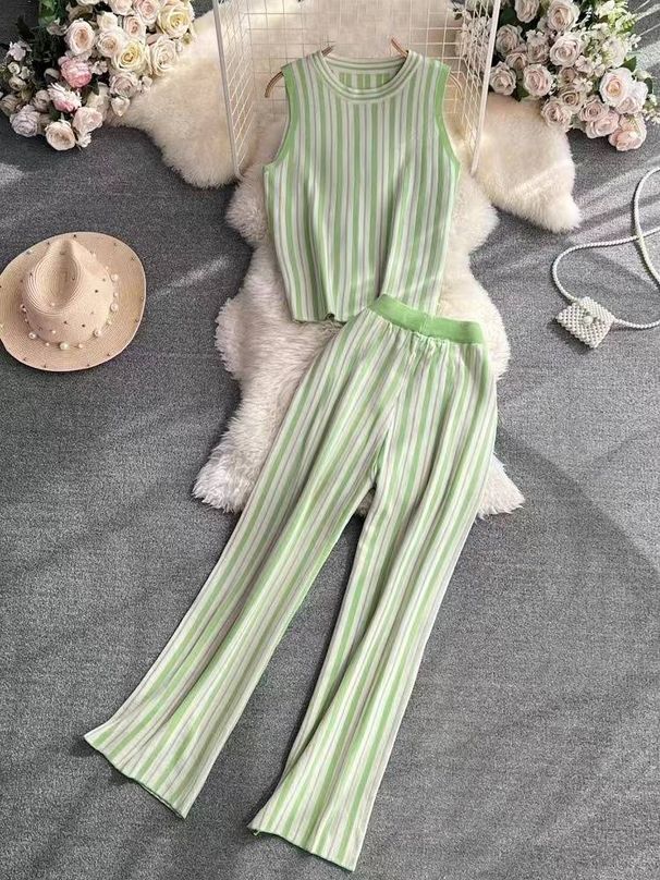 Women's Clothing round neck striped knitted vest top, two-piece suit, high waist, slimming, straight wide-leg pants_desvips.com