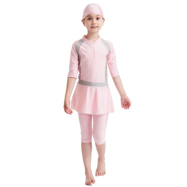 Factory In-Stock Swimwear Three-Piece Set Color-Block Sun Protection Girls' Conservative Swimsuit Skirt Style Cute_desvips.com