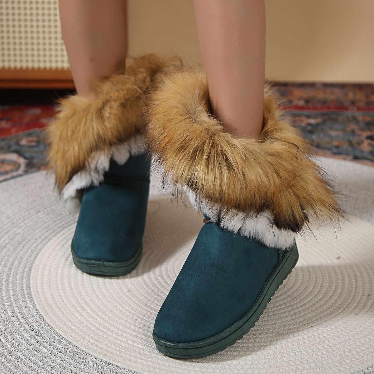 New Round Toe Flat Wool And Fleece Warm Cotton Boots_desvips.com