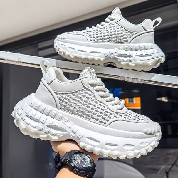 2027 Summer Fashion Sneakers Men PU+Mesh Low Top Lace-Up Breathable Thick Sole Height Increase Non-Slip Wear-Resistant Running Shoes_desvips.com