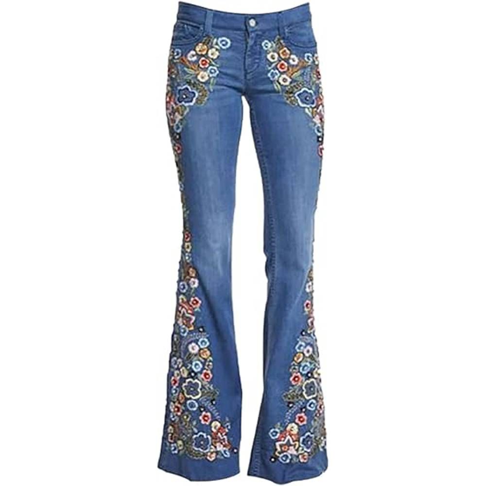 Women's Embroidered Flared Pants Slim Washed Floral Pattern Blue Jeans Casual High-Waisted_desvips.com