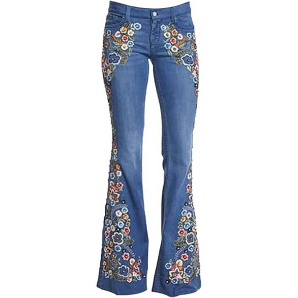 Women's Embroidered Flared Pants Slim Washed Floral Pattern Blue Jeans Casual High-Waisted_desvips.com