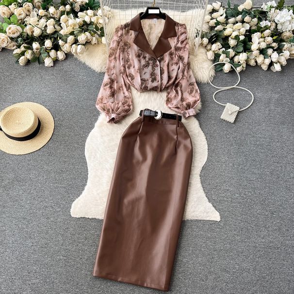 women's fashion set female socialite temperament lantern long sleeve vneck lotus leaf bright face shirt women's high waist sequin skirt_desvips.com