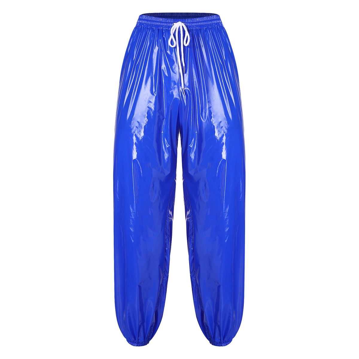Mens Shiny Waterproof Jogging Y2K Drawstring Elastic Waistband Side Pockets Track Baggy Glossy Pants Hip Hop Trousers_desvips.com