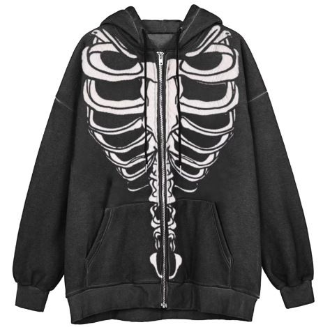 Zipper Hoodie Cool Internet Celebrity Hooded Cardigan Skeleton New Print Top Jacket_desvips.com