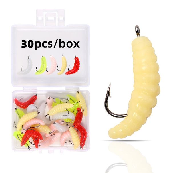 10/15/20/25PCS BOX Hooked Mealworm Soft Bait 2cm Bio-Mimetic Maggot Soft Bait For Crucian Carp Common Carp Whitebait&Black Bass_desvips.com