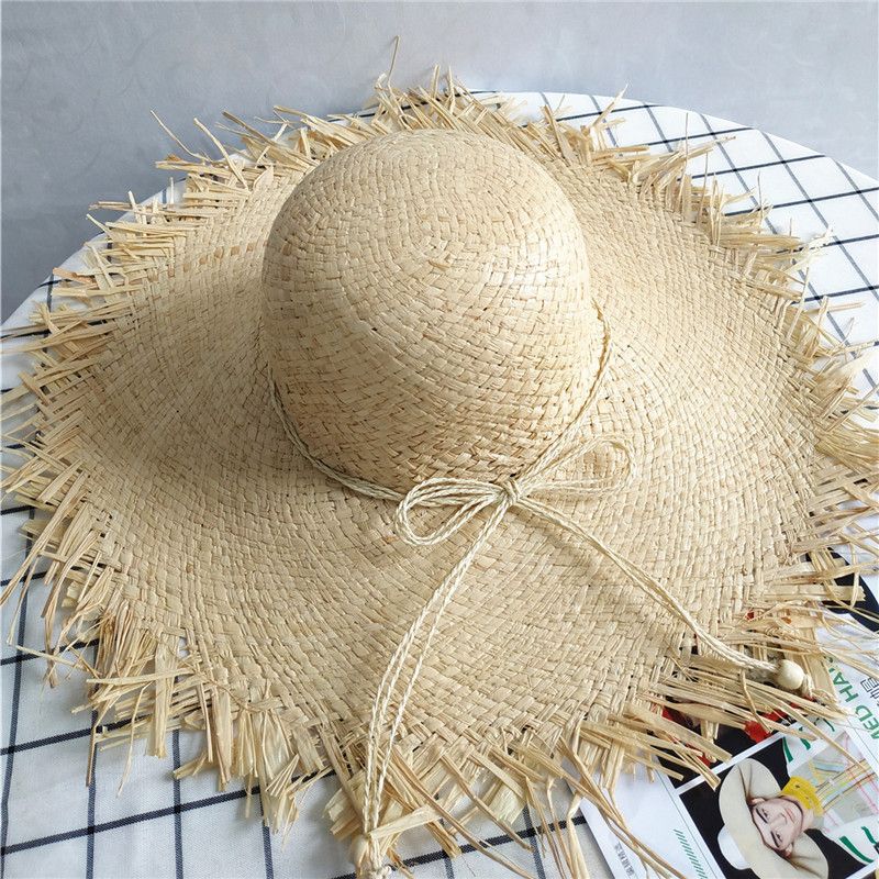 Spring New Frayed Wide Brim Raffia For Women Summer Beach Seaside Vacation Protection Sun Hat Trendy_desvips.com