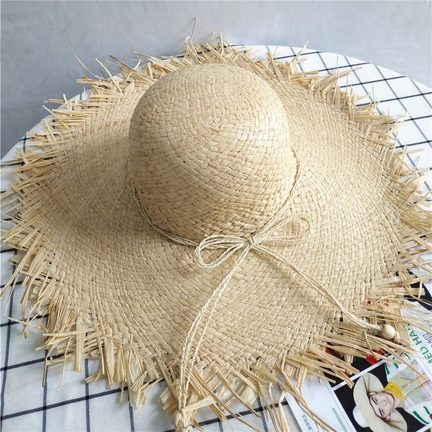 Spring New Frayed Wide Brim Raffia For Women Summer Beach Seaside Vacation Protection Sun Hat Trendy_desvips.com
