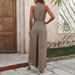 Women's clothing elastic waist high collar halter neck sleeveless floral wide-leg casual pants jumpsuit_desvips.com