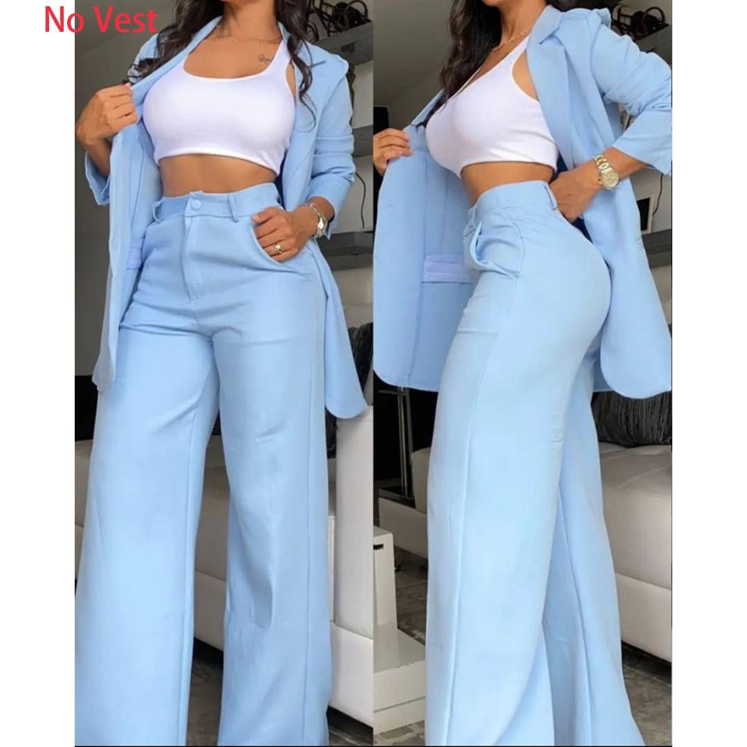 Women's Elegant Solid Color Slit Lapel Suit with Pockets Straight Leg Pants Two Piece Suit (No Vest)_desvips.com