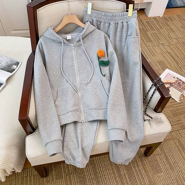 Women's Clothing Women Autumn and Winter Thin Hooded Cardigan Sports Two piece Suit Large Size Women's Suit_desvips.com