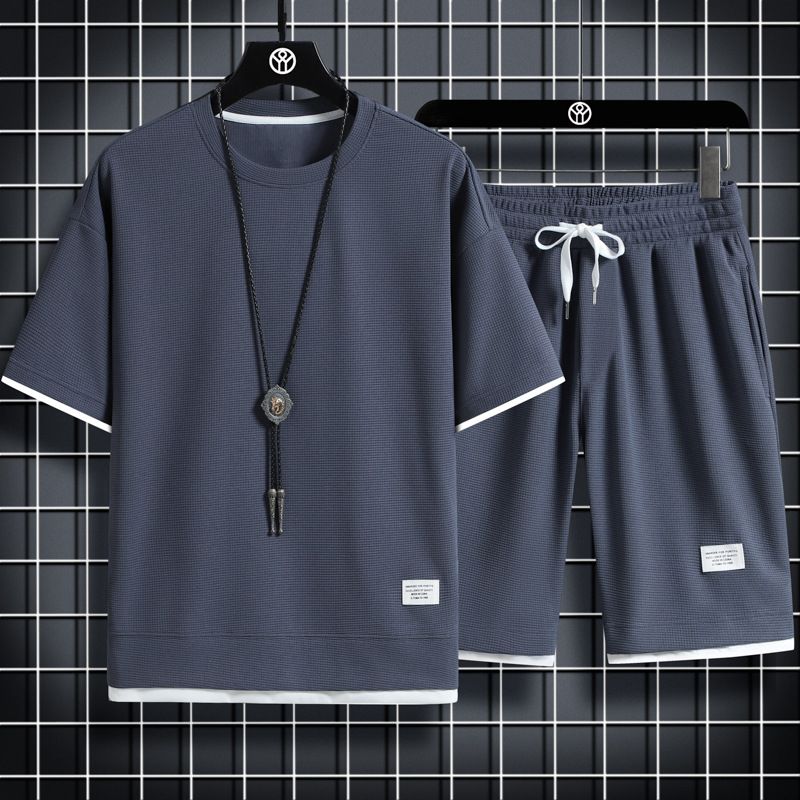 Waffle Grid Sports Casual Loose Fak Two-Piece Short Sleeve Shorts Full Set_desvips.com