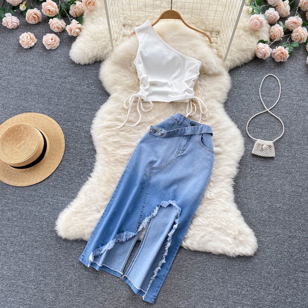 Women's Smocked Strappy Shoulder Vest Irregular Raw Edge Slit Denim Skirt Two-piece Set_desvips.com