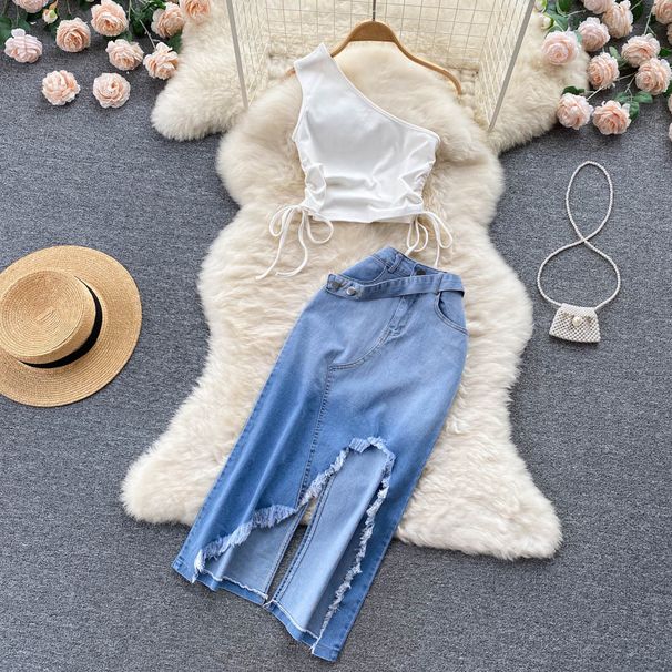 Women's Smocked Strappy Shoulder Vest Irregular Raw Edge Slit Denim Skirt Two-piece Set_desvips.com