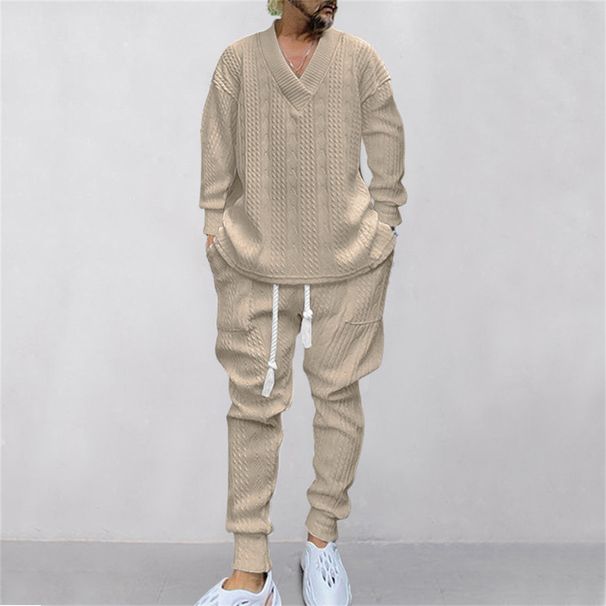High Quality Fashion European-USA Knitwear Youth/Men V-Neck Long Sleeve Sweater + Lace-Up Pants Jacquard Knit Two-Piece Casual Suits_desvips.com