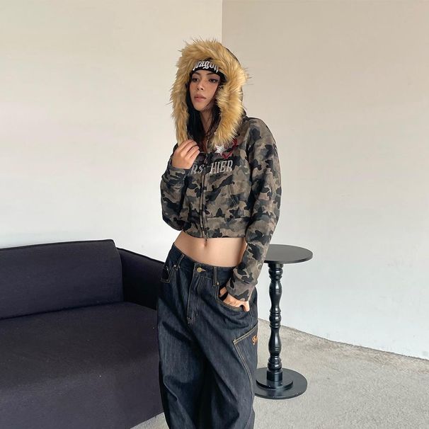 Autumn And Winter Women's New American Style Spicy Girl Detachable Camouflage Fur Collar Hooded Sweatshirt Zipper Short_desvips.com