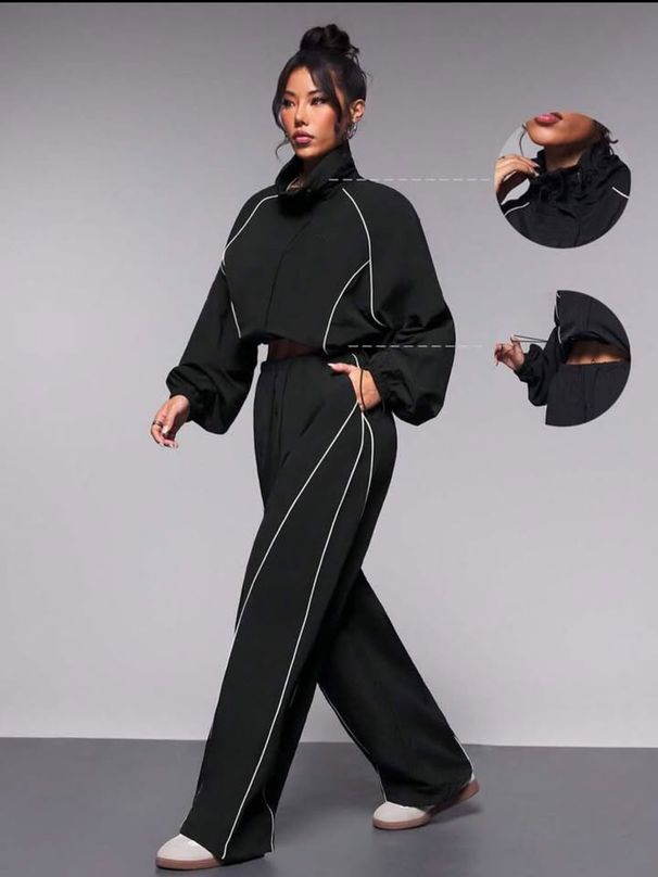 ProfiGo New Casual Women's Clothing Fashion Contrasting Color Drawstring Sports Jacket Trousers Set Two-piece Set_desvips.com