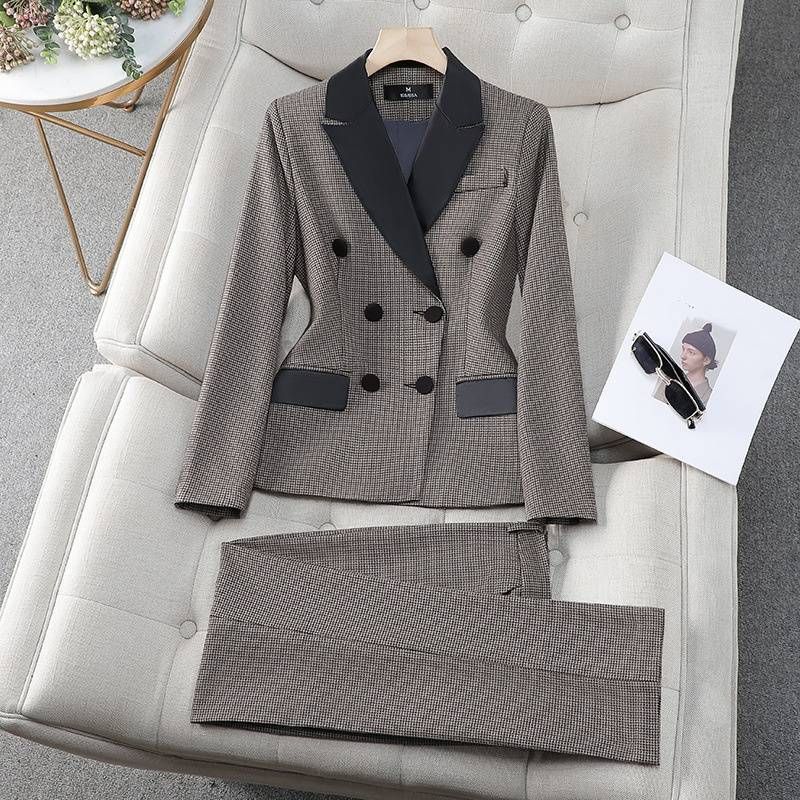 Women's Clothing houndstooth small suit jacket Women's Mid-length slim temperament suit jacket professional suit_desvips.com
