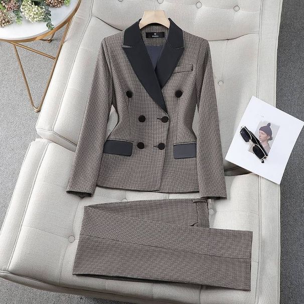 Women's Clothing houndstooth small suit jacket Women's Mid-length slim temperament suit jacket professional suit_desvips.com